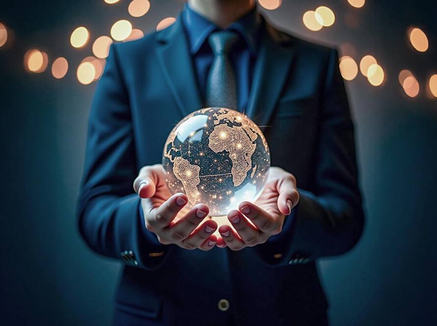 Person in dark suit holding glowing transparent globe with star networks, warm bokeh lights blurred in background, futuristic feel.