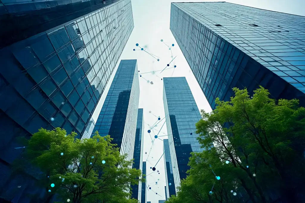 Low-angle view of dark glass skyscrapers and green trees with floating light-blue digital connection lines on sunny day.