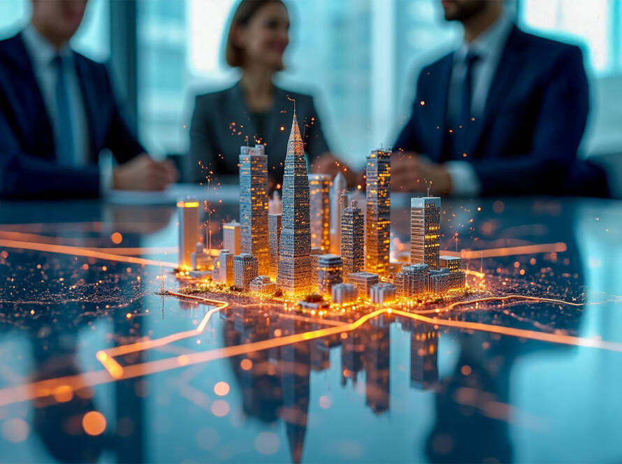 Miniature 3D city model on circuit board with glowing orange highlights and data lines; blurred professionals in background.