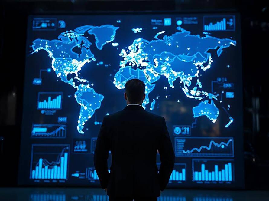 Person in black suit facing illuminated digital world map with glowing city dots, network lines, and blue data visualizations.