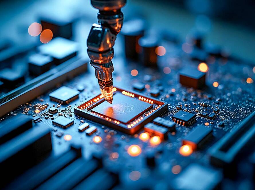 Robotic arm placing microchip on futuristic computer motherboard with cool blue and warm orange LED lighting, detailed circuits visible.