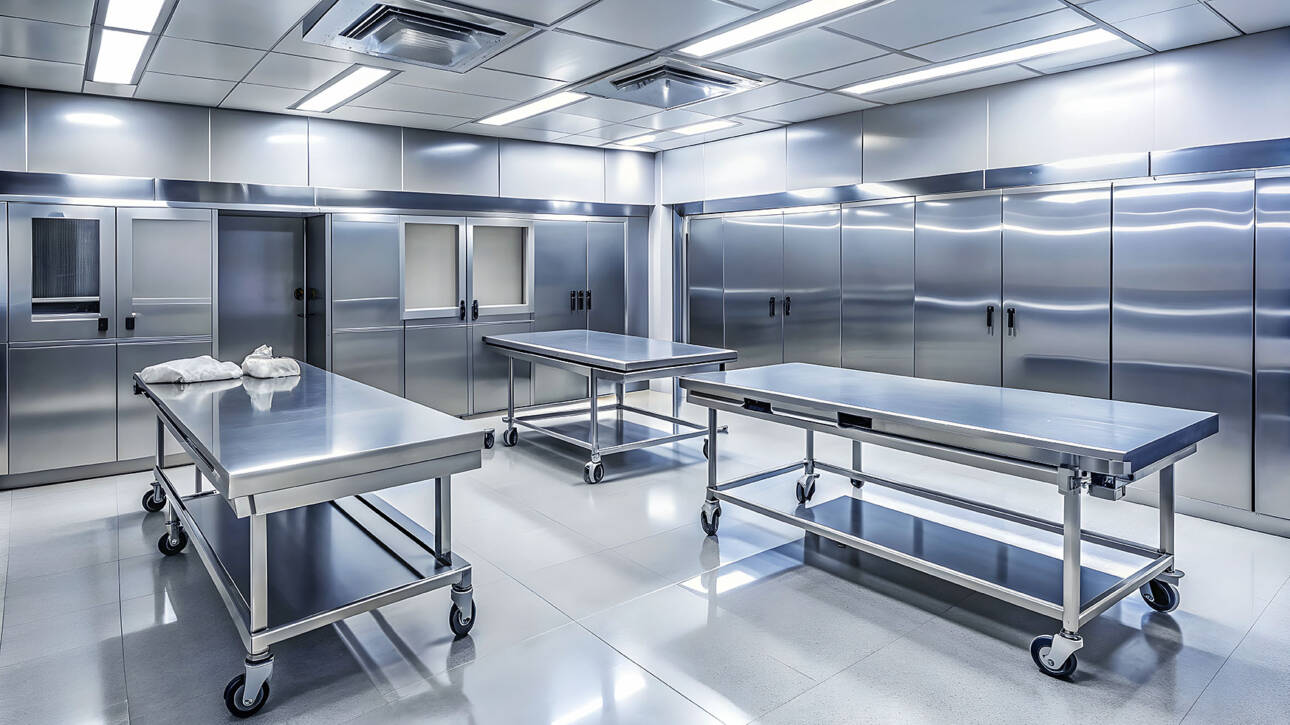 Modern autopsy room with stainless steel tables covered in white linens, metallic cabinets, bright overhead fluorescent lighting.