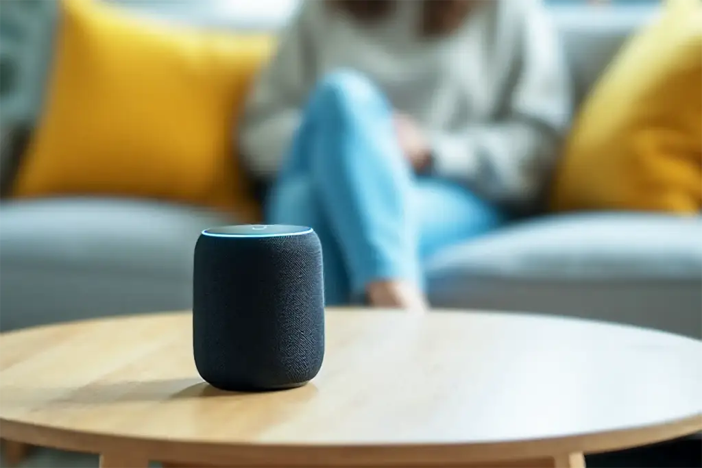 Black smart speaker on wooden coffee table; blurred woman on gray couch with yellow pillows in bright, modern living room.
