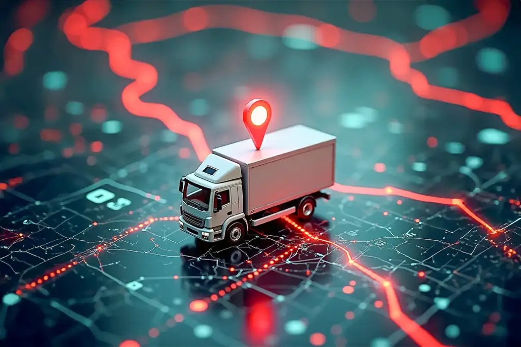 Small gray delivery truck on digital map with red location marker; glowing red and teal routes and points; bird’s-eye futuristic view.