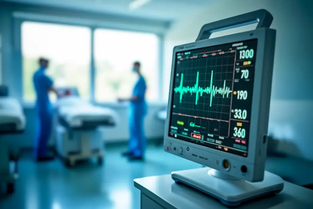 Close-up of medical monitor displaying green and white ECG waveform and heart rate in softly lit hospital room with blurred background.
