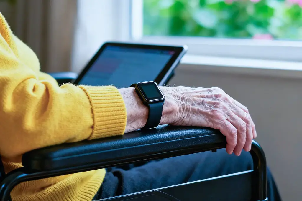 Elderly arm with wrinkles and black smartwatch resting on wheelchair armrest, wearing yellow sweater with blurred green foliage background.