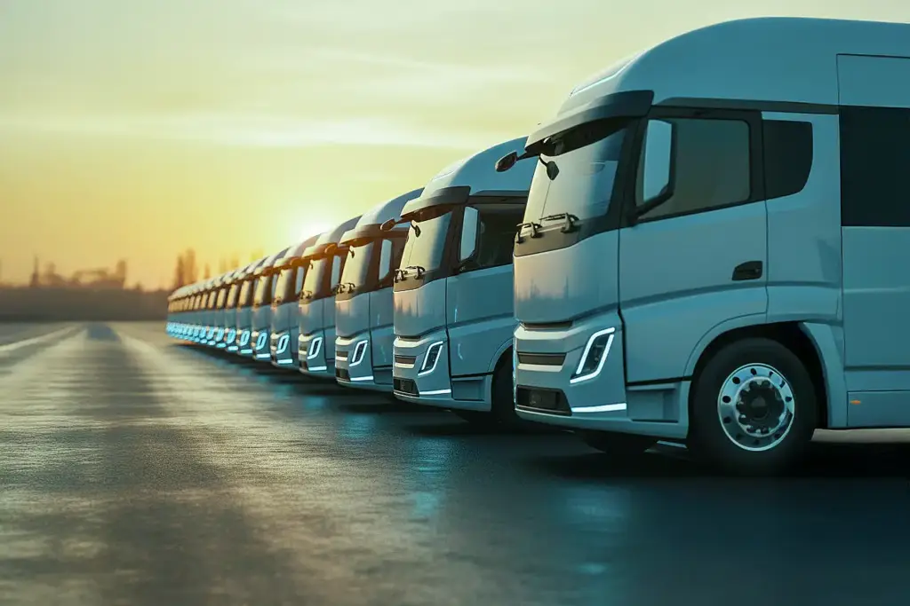 Long row of sleek light gray electric semi-trucks parked with setting sun casting warm golden light on damp road.