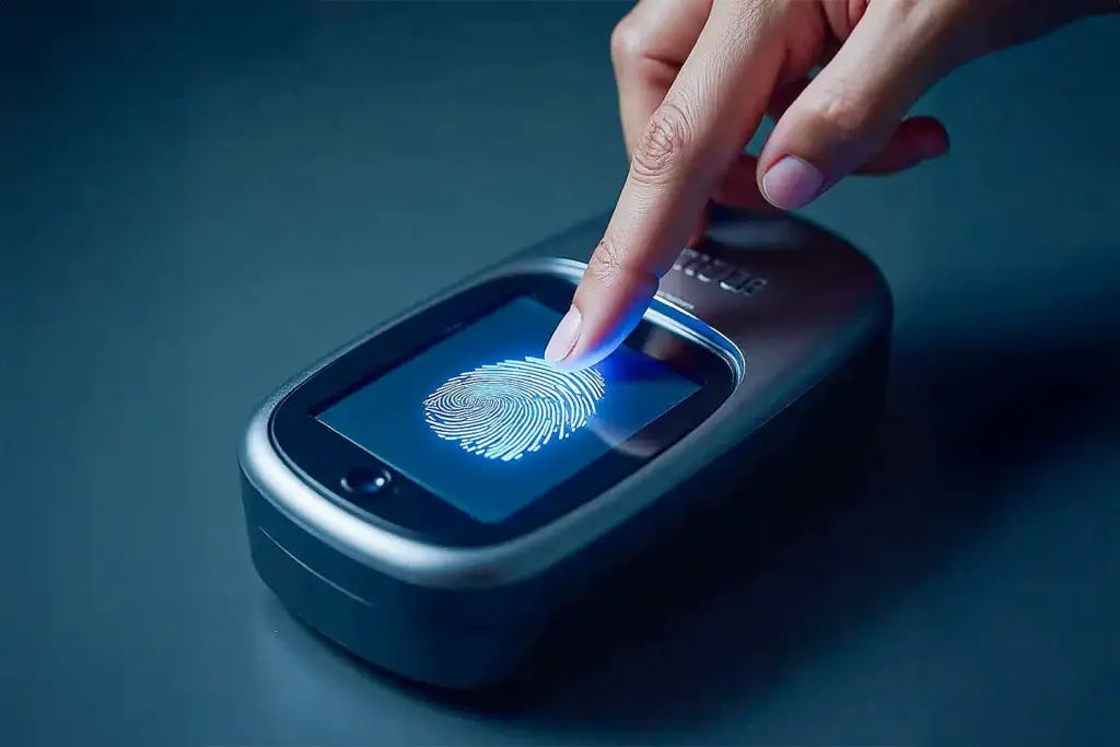 Light brown finger on dark gray fingerprint scanner showing vibrant blue fingerprint; focused lighting highlights scanner details.