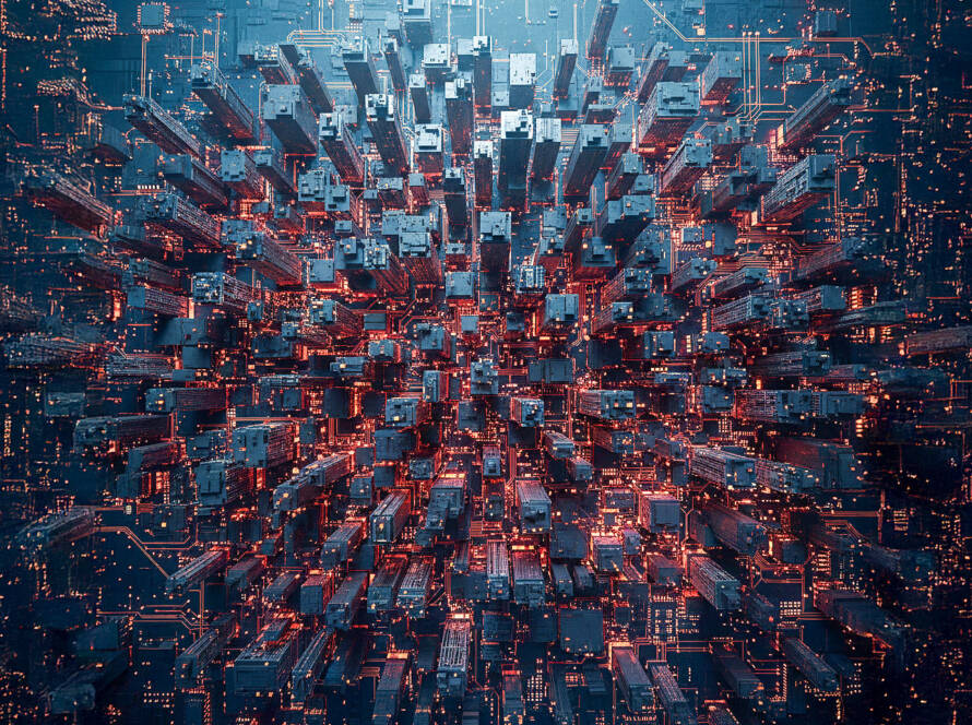 Futuristic city as circuit board with dark geometric buildings, glowing orange and red circuitry, viewed directly overhead.