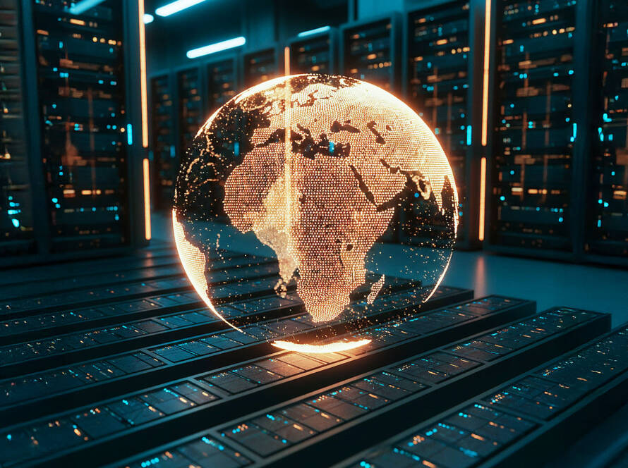 Glowing 3D Earth with bright orange digital dots on dark surface in futuristic server room with rows of orange lights.