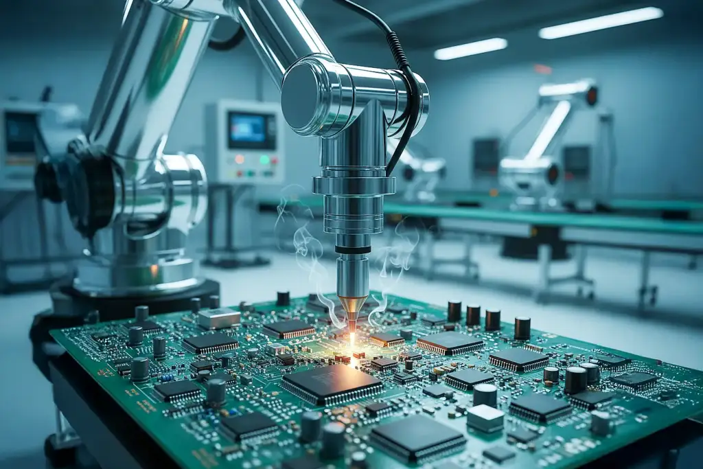 Robotic arm with precision laser soldering circuit board in bright manufacturing setting with soft lighting and blurred background.