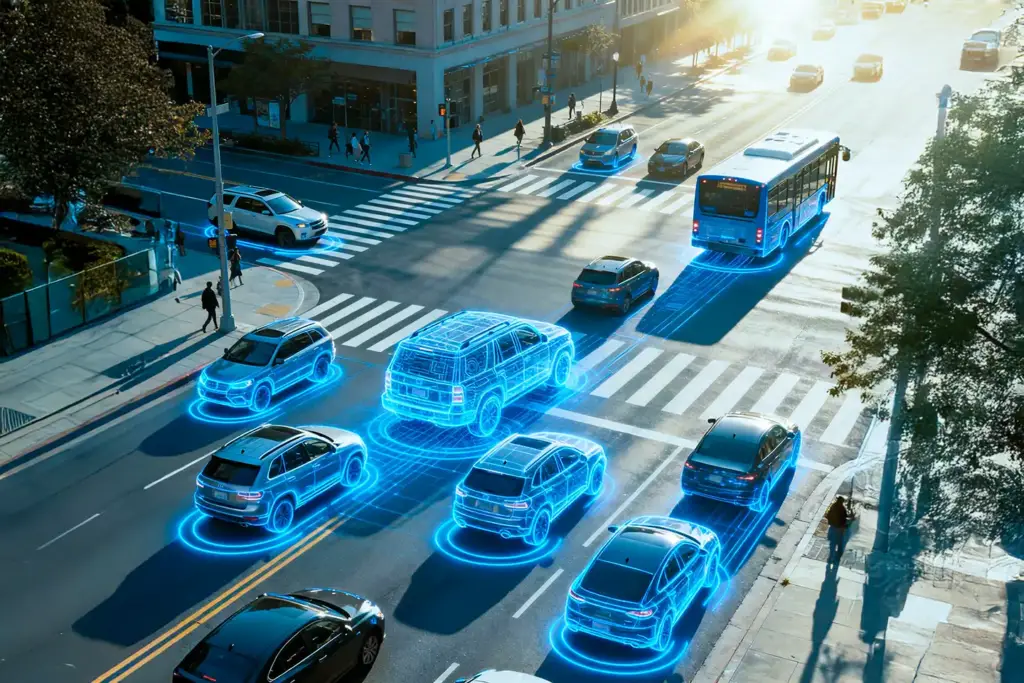 High-angle view of a busy city intersection with cars featuring blue digital outlines and data overlays, symbolizing autonomous driving.