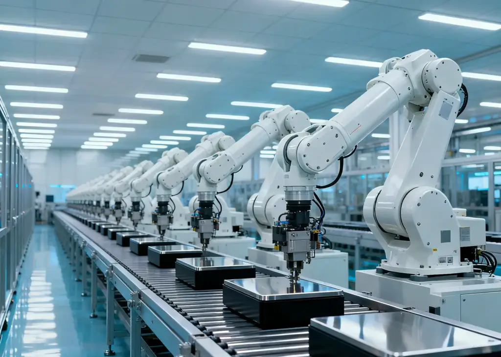 Modern factory assembly line with multiple white robotic arms assembling black and silver components on a conveyor belt.
