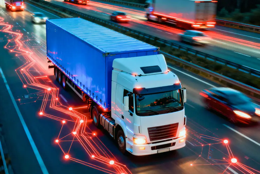 High-angle view of a white semi-truck with blue trailer on a glowing red-lined highway, symbolizing digital logistics and smart transportation.
