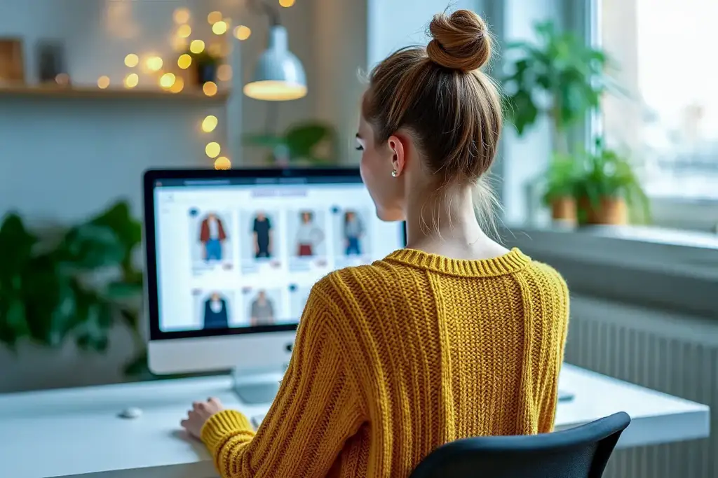 Young woman in mustard yellow sweater sitting at a white desk, browsing clothing website on desktop in a bright home office.