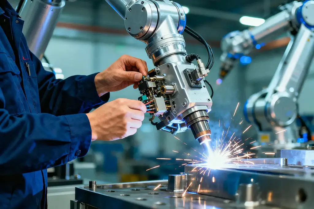 Person’s hands adjusting a silver robotic arm welding with sparks in a high-tech factory with blurry robotic arms.